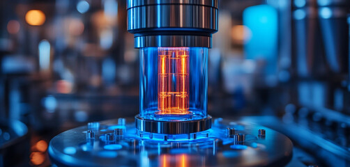 Leinwandbilder - A high-tech quantum processor sits under a vibrant light in a research lab, demonstrating the principles of qubits and superposition. Researchers aim to optimize algorithms for various applications.