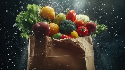 Fototapete - Fresh fruits and vegetables tumble from a paper grocery bag in slow motion under dramatic lighting