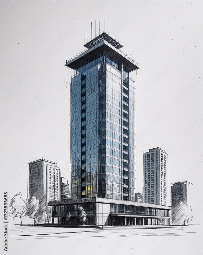 Modern office tower with rooftop helipad building design in sketch hand ...