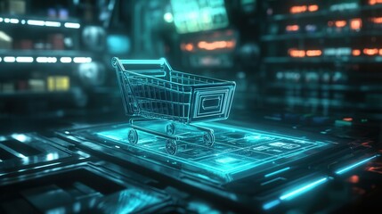 Poster - Futuristic shopping cart floating in digital space with glowing holographic interface set in a cyberpunk environment