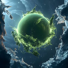 Wall Mural - captivating hyper-realistic digital artwork of a green planet gracefully suspended in the starry nig