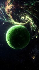 Wall Mural - exquisite hyper-realistic galactic exploration image of a green planet radiating in the depths of th