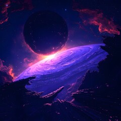 Wall Mural - enchanting hyper-realistic view of an unknown planet with a brilliant purple nebula illuminating the