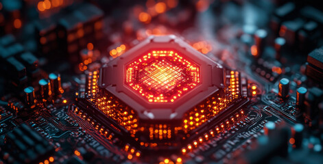 Aufkleber - A close-up view of a quantum processor demonstrating qbit architecture illuminated in vibrant red. The intricate design showcases advancements in decoherence and superposition techniques.