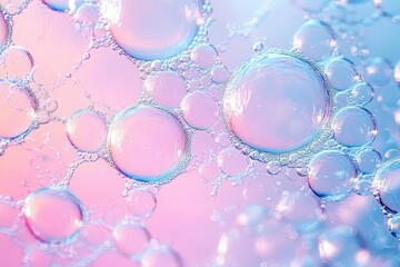 Poster - Abstract macro photography of colorful soap bubbles with blue and pink hues creating a smooth delicate pattern