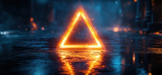 Poster - Futuristic Cyberpunk Triangle Glowing Blue and Orange Lights on Reflective Floor in Dark Underground Tunnel Corridor 3D Rendering