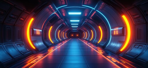 Poster - Futuristic Sci-Fi Corridor Industrial Design Neon Lights 3D Rendering Dim Atmosphere