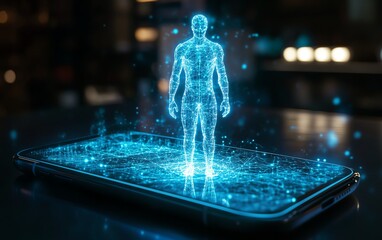 Poster - Hologram of a human figure on a smartphone screen, glowing with futuristic blue light, in a dark room, hightech ambiance, sleek and modern design