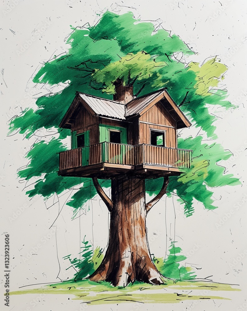Green and brown treehouse built around a sturdy tree trunk building ...