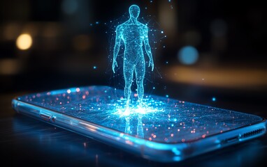 Poster - Smartphone with a holographic human figure glowing above the screen, ethereal, with light beams emanating from the phone, creating a cuttingedge, digital environment