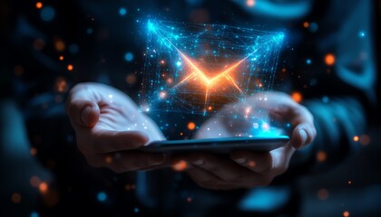Poster - Tablet in a businessman s hand showing a digital email hologram above, illuminated with bright neon lights, hightech digital interface, modern business setting
