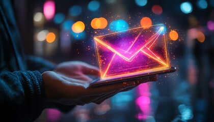 Poster - Tablet in a businessman s hand showing a digital email hologram above, illuminated with bright neon lights, hightech digital interface, modern business setting