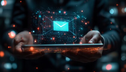 Poster - Tablet in a businessman s hand showing a digital email hologram above, illuminated with bright neon lights, hightech digital interface, modern business setting