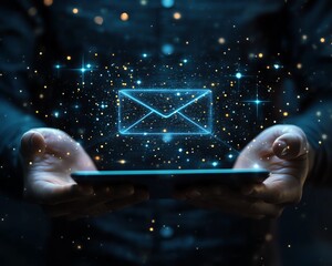 Aufkleber - Businessman holding a tablet with a futuristic digital email hologram hovering above, vibrant holographic lights, advanced technology atmosphere, digital interface elements