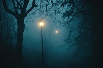 Poster - Misty forest path with glowing lamp reveals eerie atmosphere in dark woodland environment