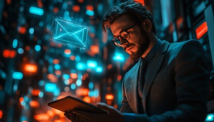 Poster - Businessman using a tablet with a floating digital email hologram above, glowing neon colors, futuristic workspace, digital elements, tech atmosphere