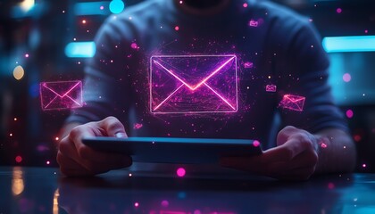 Poster - Businessman using a tablet with a floating digital email hologram above, glowing neon colors, futuristic workspace, digital elements, tech atmosphere