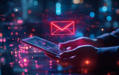 Poster - Futuristic digital email hologram floating above a tablet in a businessman s hand, glowing neon lights, hightech interface, sleek modern design, techinspired background