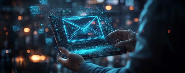 Aufkleber - Futuristic digital email hologram displayed above a tablet held by a businessman, sleek holographic interface, vibrant lighting, modern techthemed background