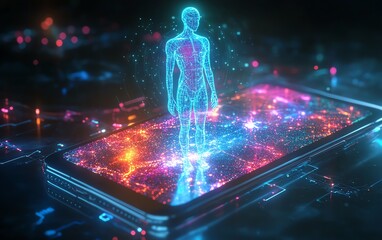 Aufkleber - Futuristic smartphone with a holographic human figure emerging, vibrant with hologram colors, sleek digital interface and futuristic atmosphere