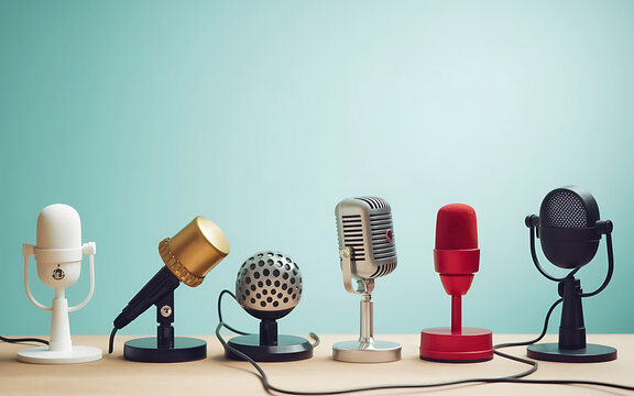Vintage Microphones Collection on Rustic Wooden Table with Turquoise Background, voice recording microphones, music production gear, sound engineering tools, retro-inspired microphones