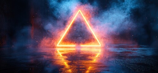 Poster - Futuristic Neon Triangle Glowing Blue Orange Lights Cyberpunk Underground Tunnel Corridor 3D Render