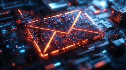 Aufkleber - Futuristic email icon made of glowing pixels, 3D rendering in cyberspace with digital effects, neon lights, and hightech data processing