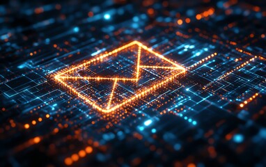 Poster - Futuristic glowing email icon in cyberspace, formed with dynamic pixels, digital networks, and 3D rendering showcasing advanced technology