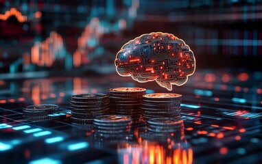 Fototapete - Glowing brain symbolizing AI in finance, sitting atop stacked coins, with digital graphs and futuristic financial technologies in a sleek environment
