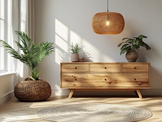 Aufkleber - Minimalist Scandinavian interior design with wooden dresser, modern lamp, and potted plant in serene white space