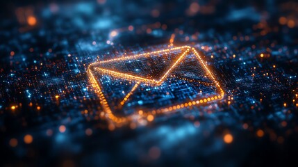 Aufkleber - 3D rendered futuristic email icon composed of glowing pixels in cyberspace, surrounded by virtual data streams and hightech digital elements