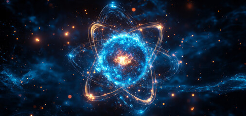 Leinwandbilder - Concepts of quantum physics are visualized through an artistic depiction of an atom. This illustration highlights qubits, entanglement, and the essence of superposition in a colorful backdrop.