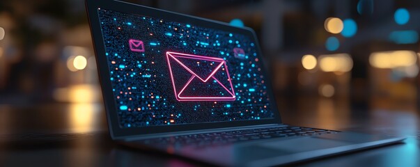 Poster - 3D rendering of email icon on laptop screen with cursor, representing digital communication and modern technology in a sleek workspace