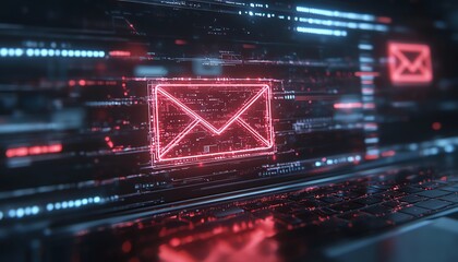Poster - 3D rendering of email icon on laptop screen with cursor, representing digital communication and modern technology in a sleek workspace