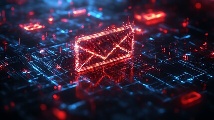 Aufkleber - 3D rendering of futuristic digital email icon in cyberspace, made from glowing pixels, interconnected by digital threads and hightech elements