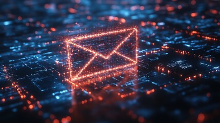 Aufkleber - 3D rendering of futuristic digital email icon in cyberspace, made from glowing pixels, interconnected by digital threads and hightech elements
