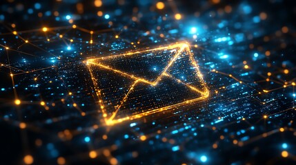 Aufkleber - 3D rendering of futuristic digital email icon in cyberspace, made from glowing pixels, interconnected by digital threads and hightech elements