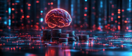 Aufkleber - AIdriven finance concept with glowing brain on top of stacked coins, showcasing digital transformation and innovation in the banking sector