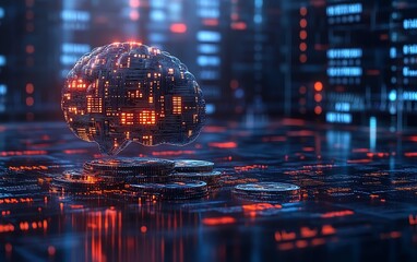 Poster - Artificial intelligence concept in futuristic finance with glowing brain over coins, abstract digital networks and financial data processing in the background