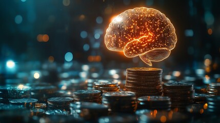Leinwandbilder - Artificial intelligence concept in finance with a glowing brain above stacked coins, symbolizing the future of wealth management and digital currencies
