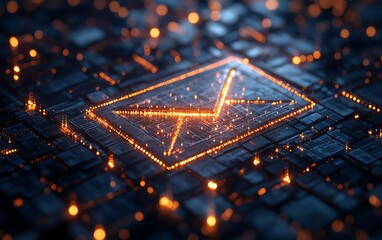 Leinwandbilder - Digital email icon glowing in cyberspace, formed by pixels, 3D rendering with neon lights, futuristic design, and digital communication symbols