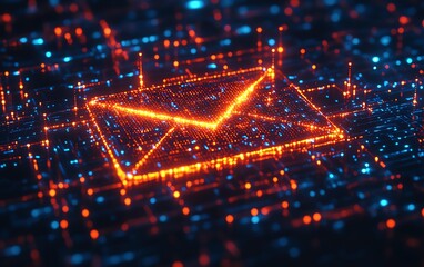 Aufkleber - Digital email icon in cyberspace, made of glowing pixels, 3D rendering with glowing lines and cybernetic elements, representing modern communication