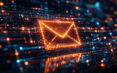 Aufkleber - Digital email icon in cyberspace, made of glowing pixels, 3D rendering with glowing lines and cybernetic elements, representing modern communication