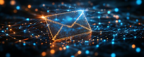 Aufkleber - Futuristic 3D email icon in cyberspace, glowing pixels forming a modern communication symbol, with abstract digital networks and glowing lines