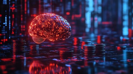 Aufkleber - Futuristic artificial intelligence concept in finance with glowing brain over stacked coins, digital data flowing in a hightech financial environment