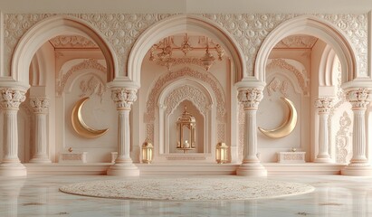 Poster - Islamic Niche Decoration 3D Render with Ornate Columns Lantern Crescent Moon Star Pastel Background