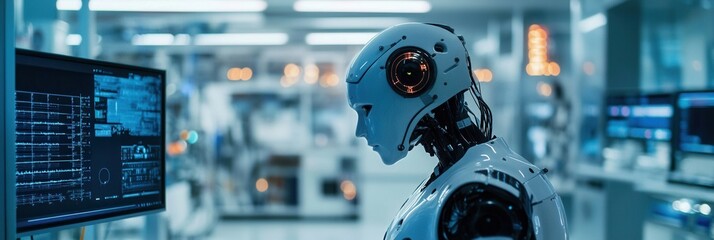 Fototapete - Robot in a high-tech laboratory engaged in data analysis with blinking lights and multiple computer screens in the background