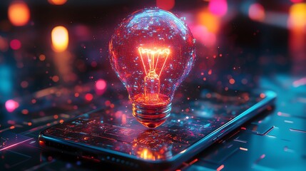 Aufkleber - Digital hologram of a light bulb hovering over a smartphone, cyberpunkinspired lighting, futuristic office desk, AIdriven technology, neon abstract visuals,