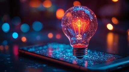 Poster - Futuristic glowing holographic light bulb emerging from a smartphone, cybertech aesthetics, AIpowered idea generation, neon digital energy, modern workspace innovation