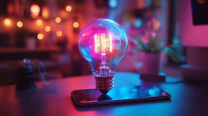 Poster - Futuristic holographic light bulb glowing over a smartphone on a desk, neon illumination, digital innovation, AIpowered creativity, hightech ambiance, sleek modern workspace
